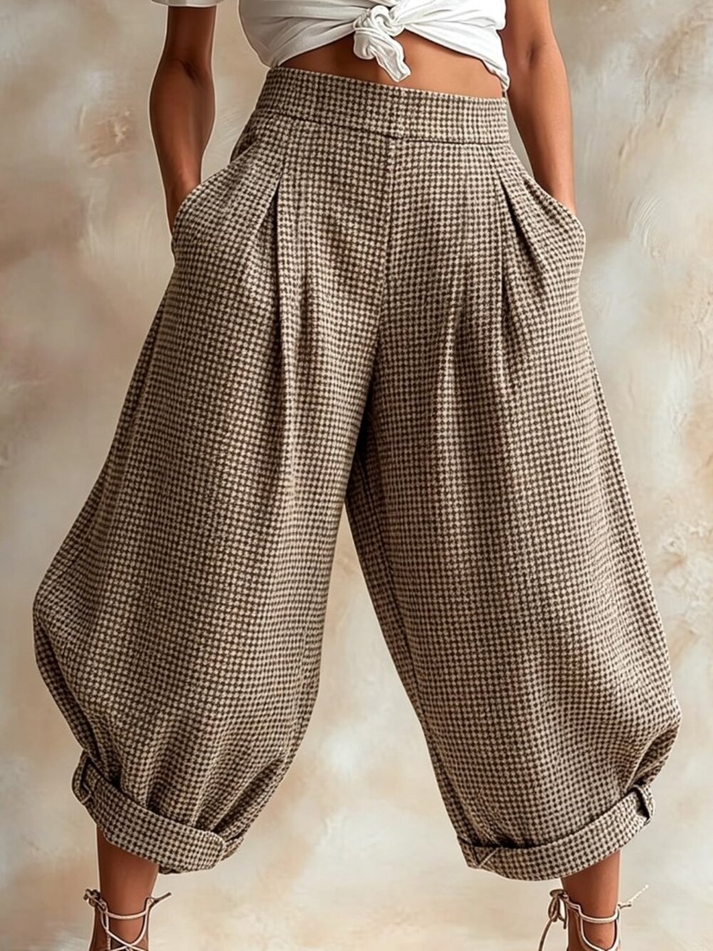 Brown & White Boho Women's Pleated Wide Leg Pants